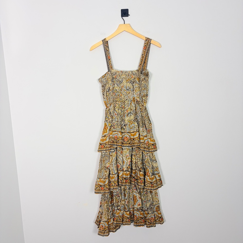 Cleobella Rosalie Midi Dress S Paisley Tiered Smocked Boho Organic Cotton Brown - Picture 6 of 9